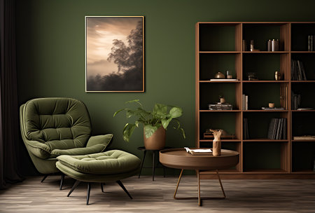 Interior of modern living room with green armchair, bookshelf, coffee table and bookcaseの素材