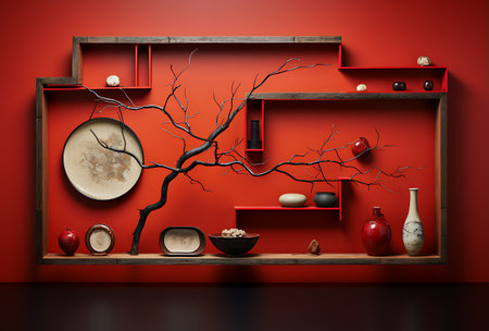 3d illustration of wooden shelves and vases on the wall.の素材