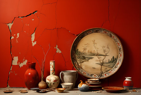 Vintage tableware on grunge red wall background, still lifeの素材