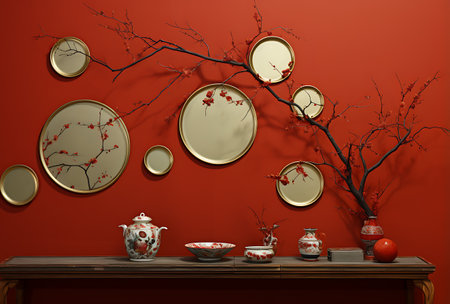 Ceramic vases on the table in the interior. 3d renderの素材