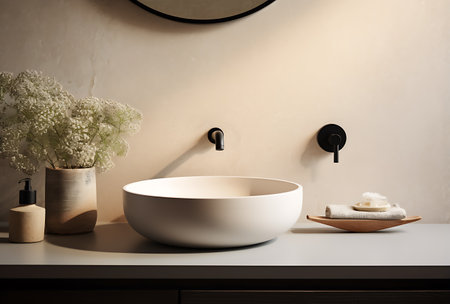 Bathroom interior with bathtub, towel, sink and mirrorの素材