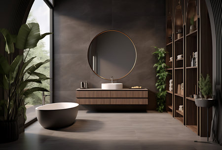 Interior of modern bathroom with dark brown walls, concrete floor, comfortable bathtub standing near round mirror and shelves with towels. 3d renderingの素材
