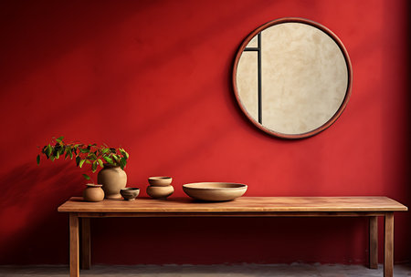 Wooden shelf with pottery and round mirror on red wall. 3d renderingの素材