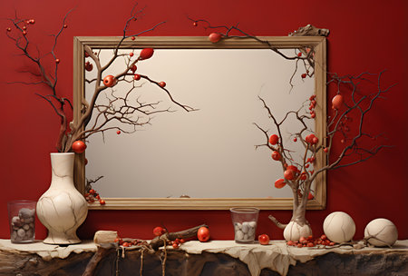 3d render, red interior with wooden frame, branches and flowersの素材