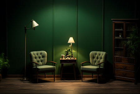 Luxury interior with armchairs and bookshelf. 3d renderの素材