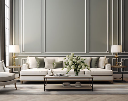 Classic living room interior with white sofa, armchair, coffee table, parquet floor and wall panel. 3d renderの素材