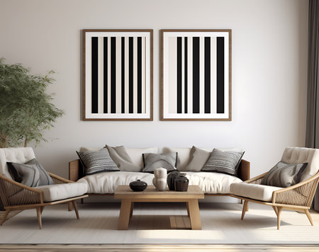 Living room interior with sofa, coffee table and picture frames. 3d renderの素材