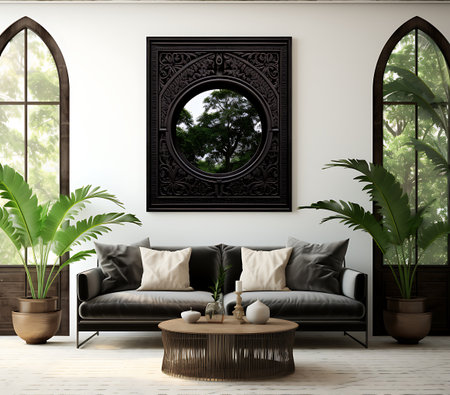 Living room interior design with black sofa, coffee table and tropical plants. 3d renderの素材