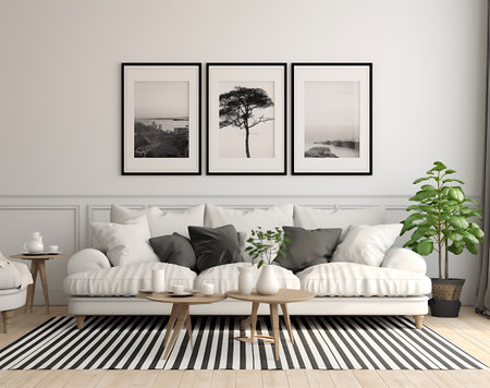 interior with white sofa 3d render illustration Mock up Poster on wallの素材