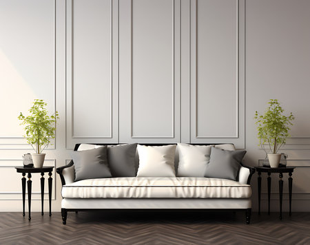 Classic interior with sofa, coffee table and vase. 3d renderの素材