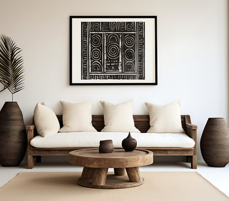 Interior of living room with brown sofa, wooden coffee table and two vases. 3d renderの素材