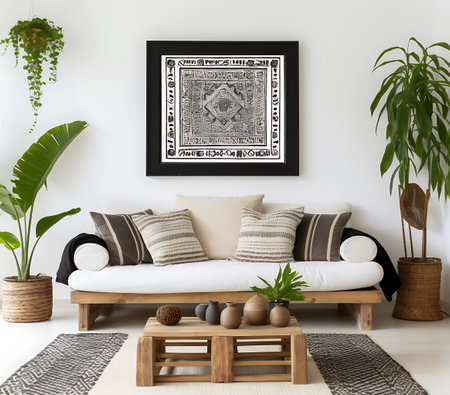 Interior of living room with brown sofa, coffee table and plants. 3d renderの素材