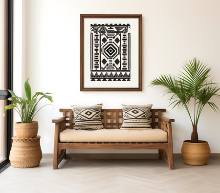 Interior of living room with wooden sofa and decorative plants. 3d renderの素材
