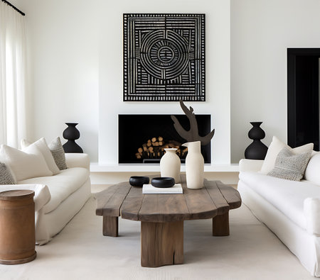 Interior of modern living room with white sofa, coffee table and fireplaceの素材