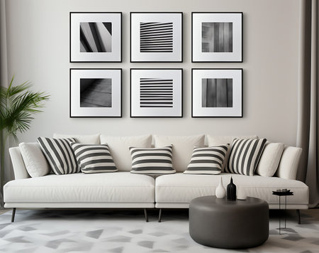 modern living room with white sofa and black picture frames on the wallの素材