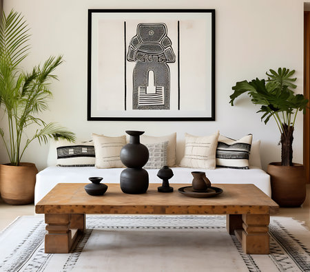 Interior of modern bedroom with black and white painting on the wallの素材