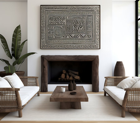 Interior of modern living room with fireplace and armchair 3d renderの素材