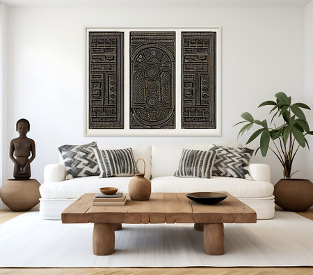 Interior of modern living room with white sofa, wooden coffee table and pattern on wall. 3d renderの素材