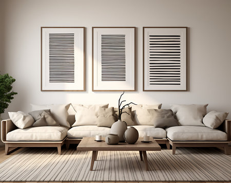 Interior of modern living room with beige sofa, coffee table and three vertical posters. 3d renderの素材