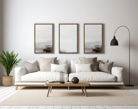 Interior of living room with white sofa, coffee table and two vertical posters. 3d renderの素材