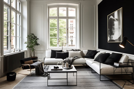 Luxury living room interior with black and white sofa and coffee tableの素材