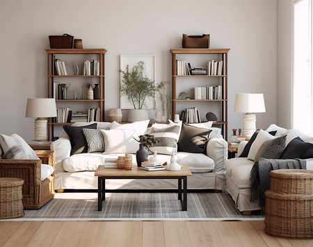 Interior of modern living room with gray walls, wooden floor, comfortable sofa with pillows and bookcase. 3d renderの素材