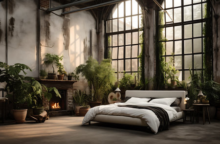 Interior of a modern bedroom with a large window, plants and a wooden bedの素材