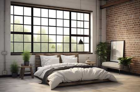 Minimalistic bedroom interior design with brown brick walls, concrete floor, white master bed with two bedside tables and a large window. 3d rendering mock upの素材