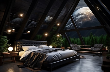 Interior of a bedroom with a large window overlooking the mountains. 3D rendering.の素材