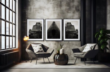 Modern living room interior design with armchairs, coffee table and city view. 3D Renderingの素材