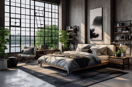 Interior of modern bedroom with gray walls, concrete floor, gray master bed with gray blanket and bookcase. 3d renderingの素材