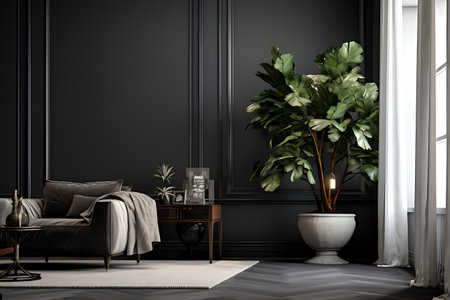 Black classic living room interior with black walls, carpet, armchair, coffee table and plants. 3d renderの素材
