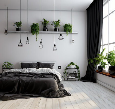 Modern bedroom interior design. 3D render. Bedroom with black bed and plant.の素材