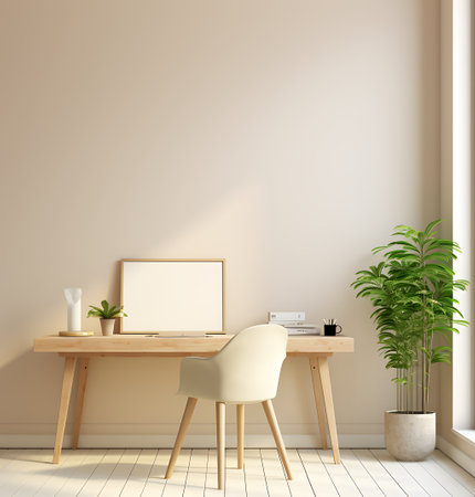 Interior of modern office with white walls, wooden floor, white computer desk with white chair and plant. 3d renderの素材