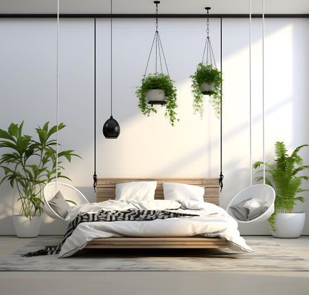 3d rendering of a modern bedroom with a wooden bed and plantsの素材