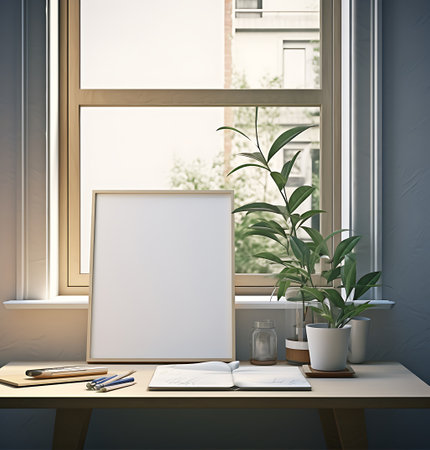 Interior of a modern office with a window and a picture frame. 3d renderingの素材