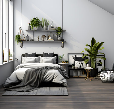 Interior of modern bedroom with white walls, wooden floor, comfortable king size bed with black linens, bookshelf with books and plants. 3d renderingの素材