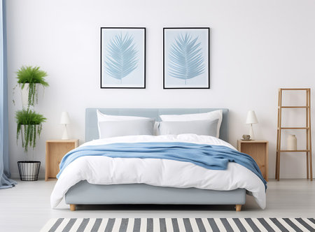 Modern bedroom interior with white walls, concrete floor, comfortable king size bed with blue linen, wooden bedside tables and posters. 3d renderingの素材