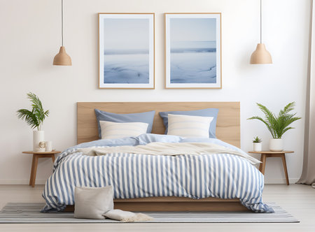 Interior of modern bedroom with white walls, wooden floor, comfortable king size bed with blue and white pillows, wooden bedside tables and two posters. 3d renderingの素材