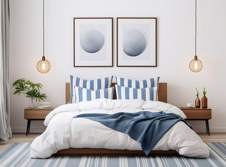 Interior of modern bedroom with white walls, wooden floor, comfortable king size bed with blue blanket and two posters. 3d renderingの素材