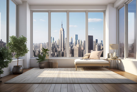 Modern bedroom interior with city view. 3D Renderingの素材