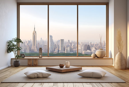 Sofa in the living room with New York city view. 3D renderingの素材