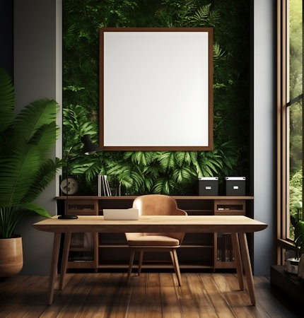 Interior of modern living room with wooden furniture, plant, window and blank poster. 3d renderの素材
