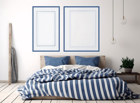 Mock up poster frame in bedroom interior background, 3d renderの素材