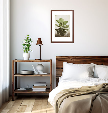 Interior of modern bedroom with wooden bed, lamp, books and plant. 3d renderの素材