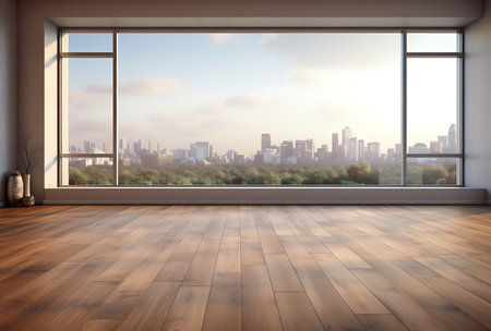 Empty room with wooden floor and city view. 3D Renderingの素材
