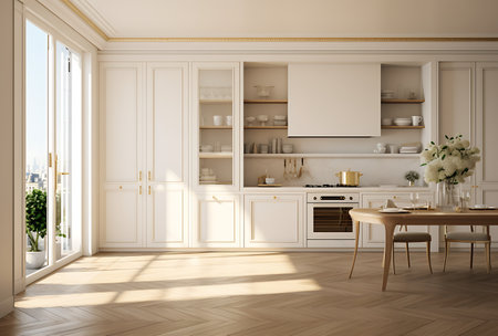 Interior of modern kitchen with white walls, wooden floor, white cupboards and built in cooker. 3d renderingの素材
