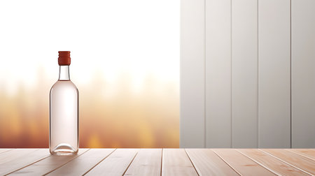 Bottle of vodka on wooden table over blurred background. 3D Renderingの素材