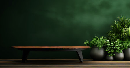 3d render of empty wooden table with green chalkboard wall backgroundの素材