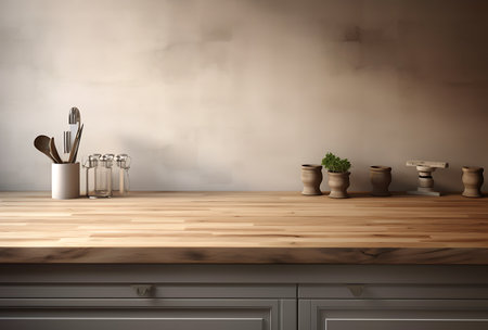 Kitchen countertop with utensils. 3d render.の素材